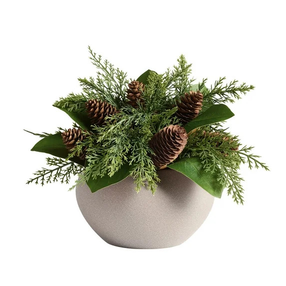 Better Homes & Gardens Faux Magnolia Leaves & Cypress Pinecone Arrangement in Ceramic Vase | Walmart (US)