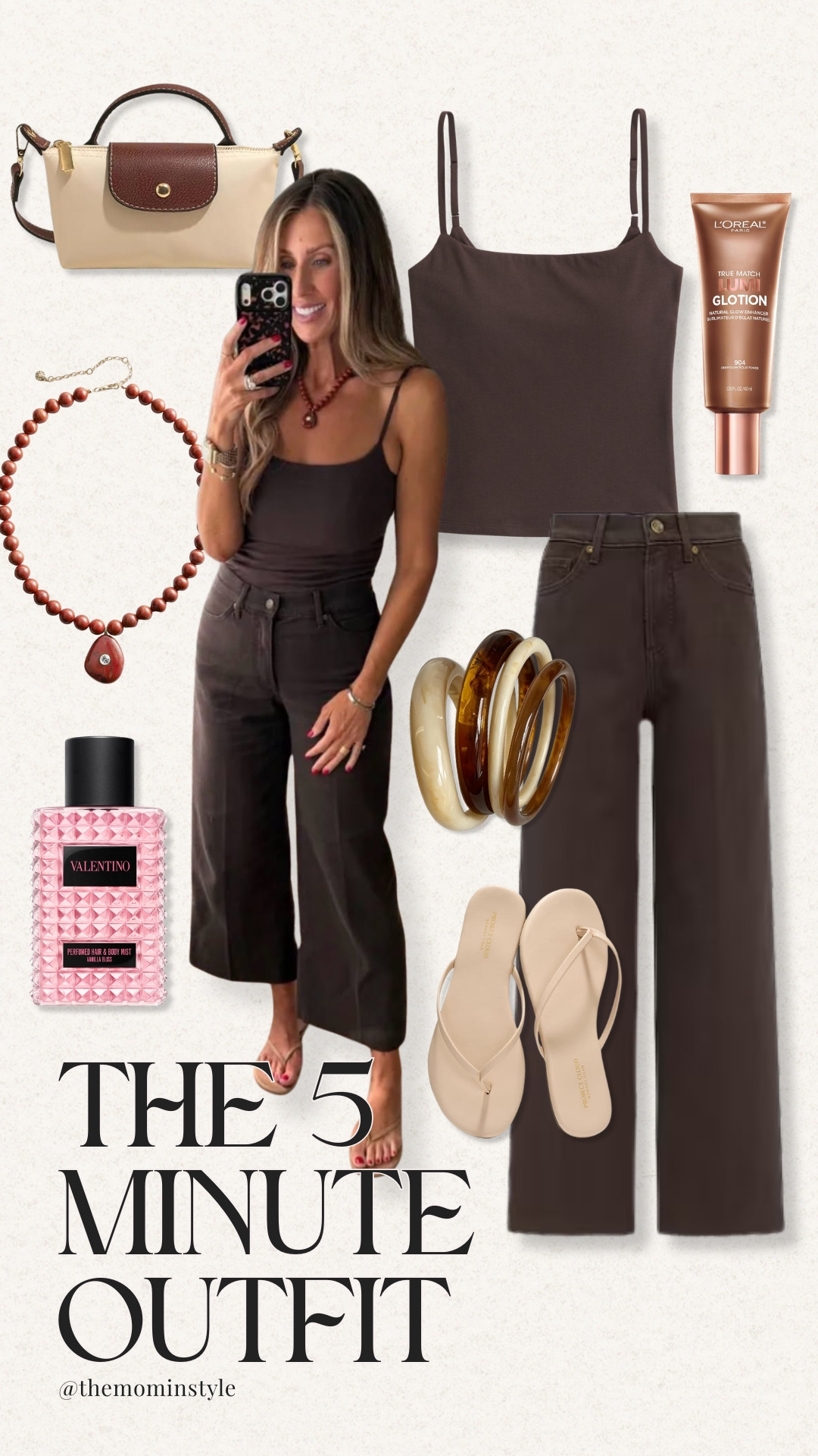When I have five minutes to get dressed, this is the formula: a simple chocolate brown tank, wide leg jeans, neutral sandals, and a few accessories to pull it together. The monochromatic brown palette makes even the easiest outfit feel intentional without requiring much thought.

5 minute outfit, easy outfit ideas, wide leg jeans, brown outfit, casual style, neutral sandals, everyday outfit, themominstyle

#LTKootd #LTKSeasonal #LTKOver40