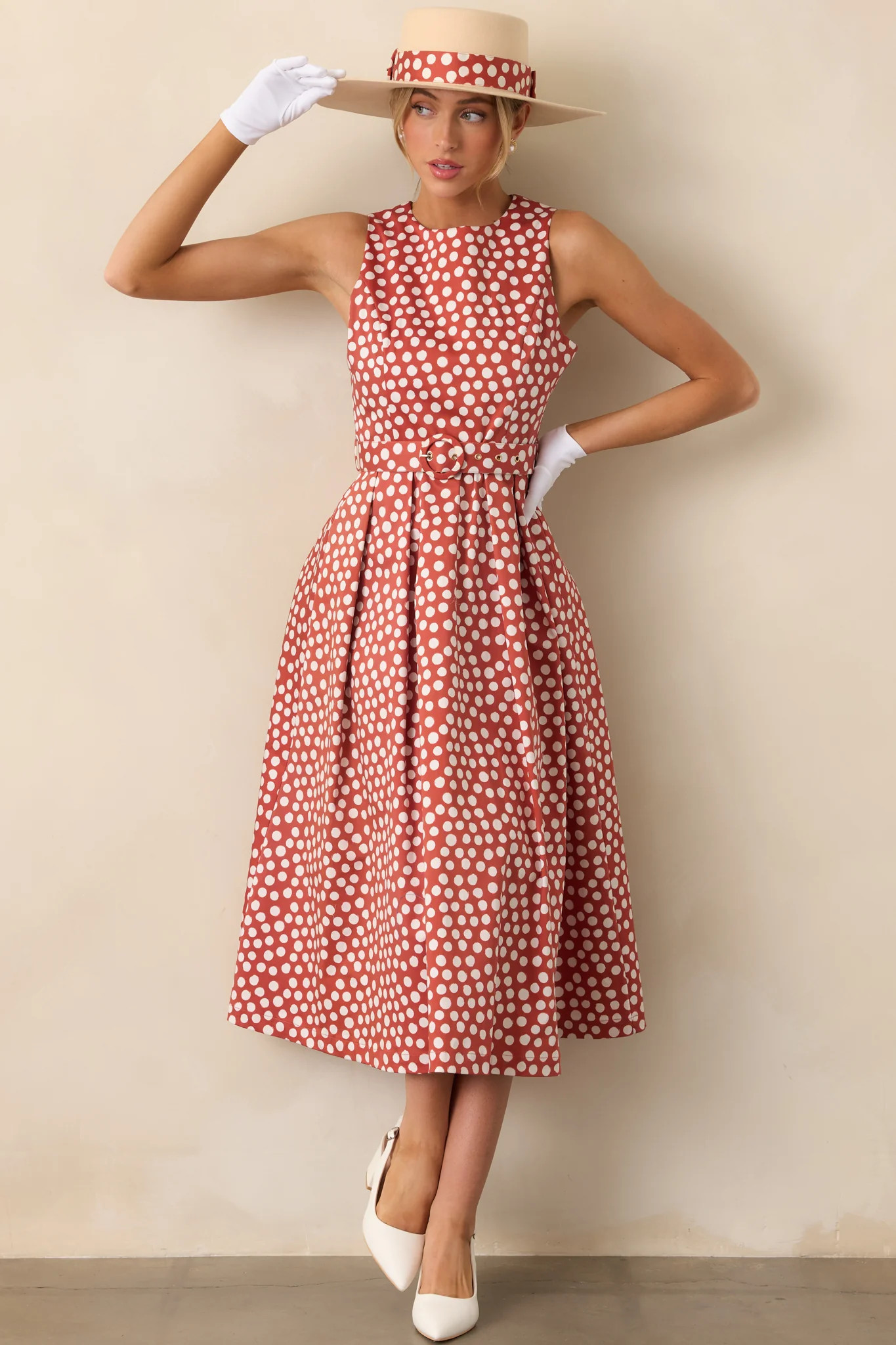 Prosperina Ava Brick Red Polka Dot Cotton Midi Dress | Red Dress