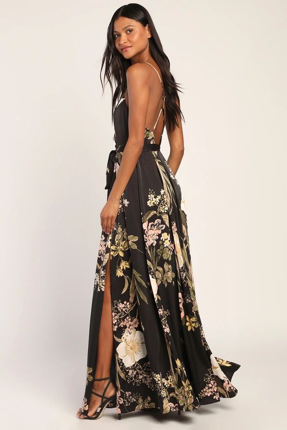 Still the One Black Floral Print Satin Maxi Dress | Lulus