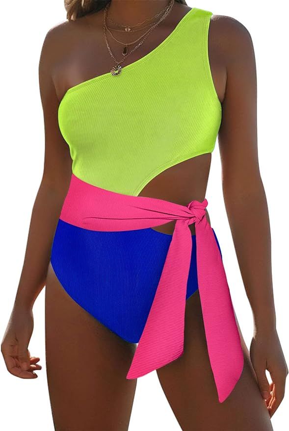 One Piece Bathing Suit for Women One Shoulder Cut Out Swimsuit Ribbed Color Block Monokini Tie Si... | Amazon (US)