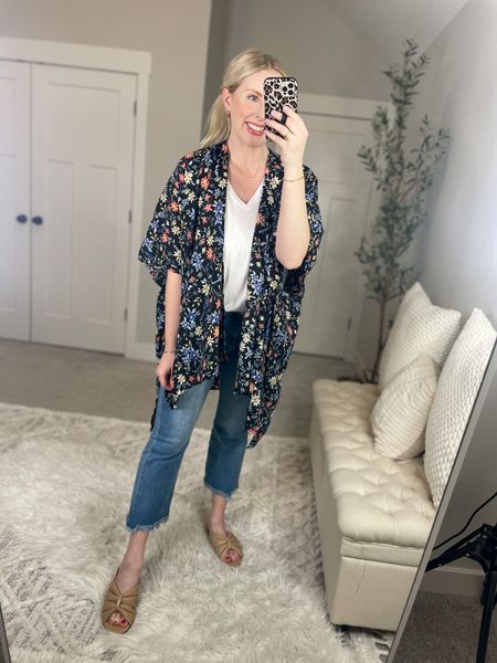 Daily try on, time and tru, Walmart outfit, floral kimono, white tank, cropped flare jeans 

#LTKstyletip #LTKunder50 #LTKFind