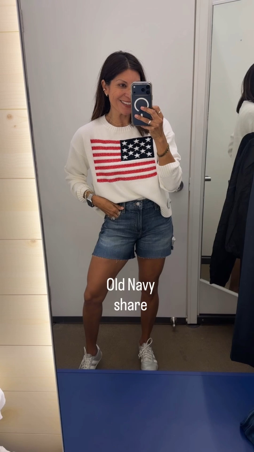 Add a third layer- 
American flag sweater, ready for the holidays. 
Cute windbreaker on trend 

Wearing small in sweater 
Xs in windbreaker 

Comment SHOP for link

#LTKSeasonal #LTKPetite #LTKOver40