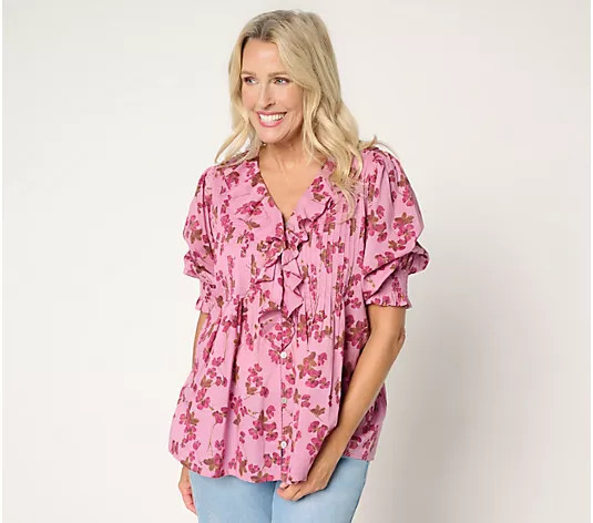 Make Your Selection: Ree by The Pioneer Woman Printed 100% Cotton Ruffle Front Blouse | QVC