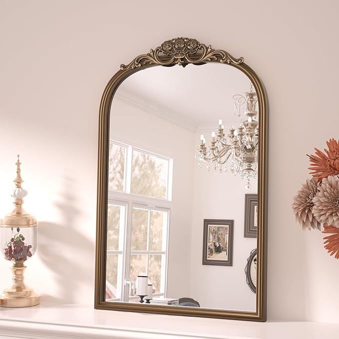 Keonjinn Gold Vintage Arched Mirror for Wall, 16" x 24" Brass Mirror with Metal Frame, Ornate Bar... | Amazon (US)