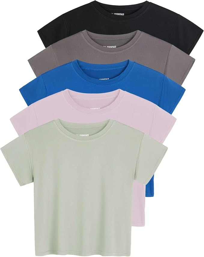 Real Essentials 5 Pack: Women's Dry Fit Crop Top - Short Sleeve Crew Neck Stretch Athletic Tee (A... | Amazon (US)