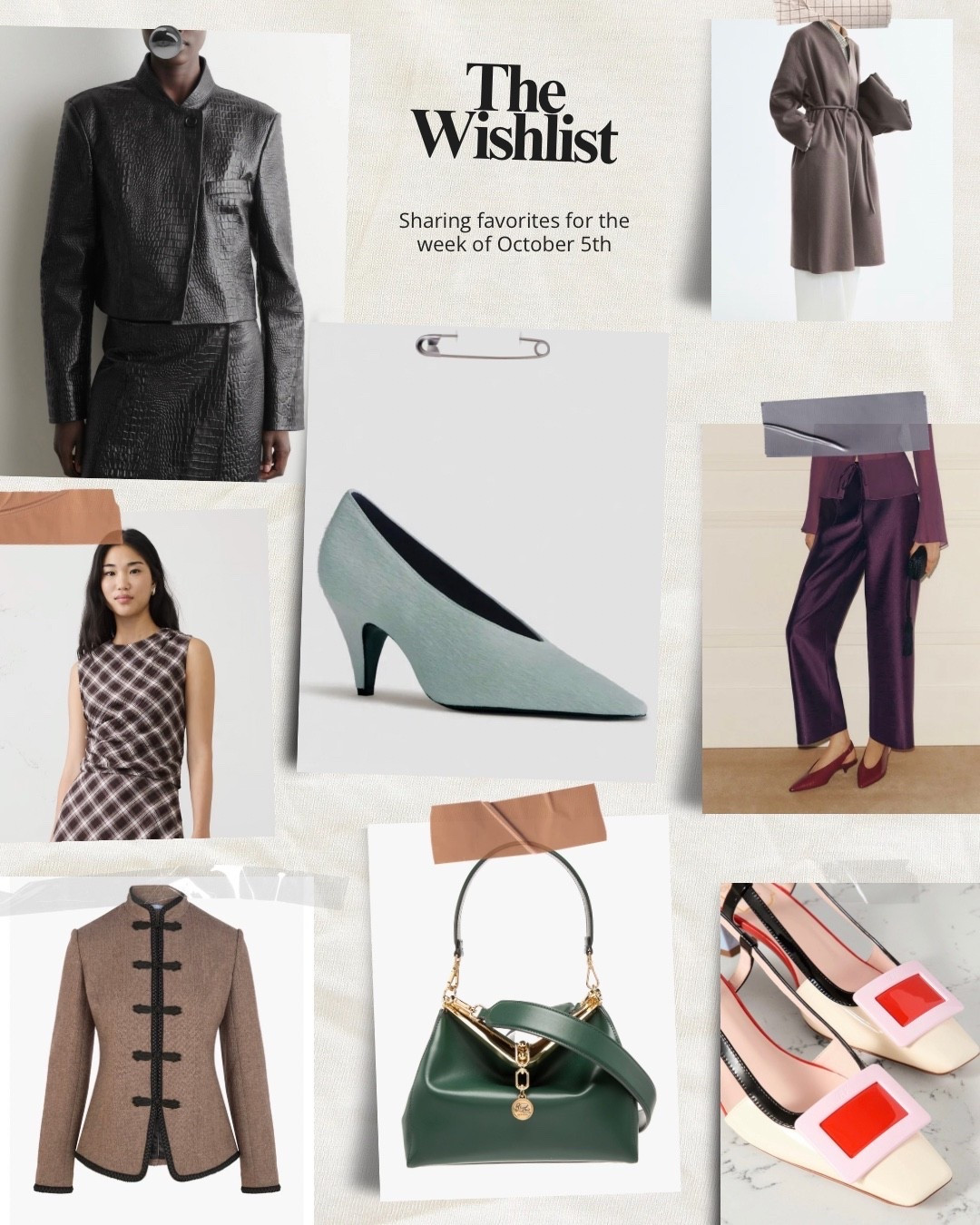 This weeks weekly roundup featuring a chic leather bag, croc leather jacket, gingham, cropped plum pants and a chic blazer. Work wear. What to wear for work.
@Reformation @Hill House Home