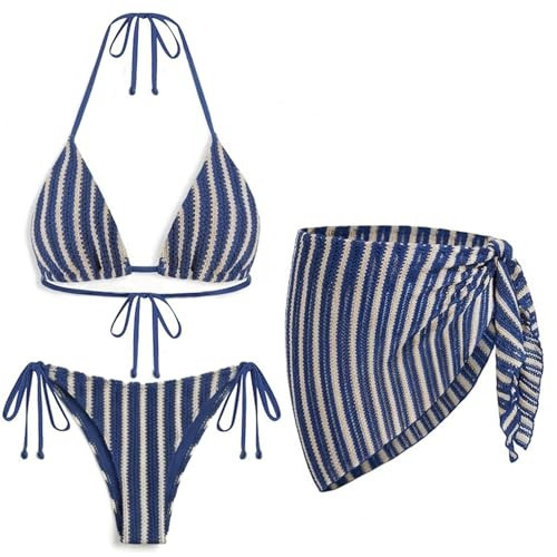 Blue Women's 3 Piece Sexy Triangle Crochet Bikini Set - Halter Tie Side Swimsuit with Cover Up for Beach Vacation 2026 M | Amazon (US)
