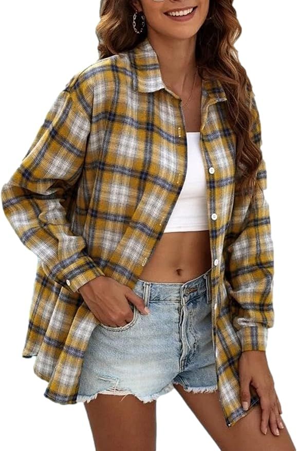 Zontroldy Plaid Flannel Shirts for Women Oversized Long Sleeve Button Down Buffalo Plaid Shirt Bl... | Amazon (US)