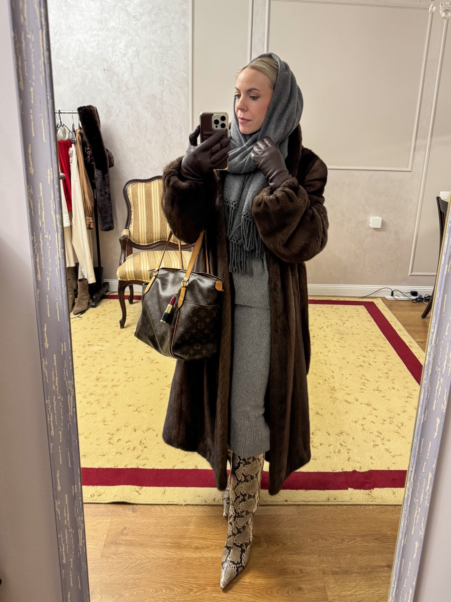 Brown mink coat, workwear look, office style, gray knit skirt set, snakeskin boots, Louis Vuitton tote bag, style over 40

#LTKOver40 #LTKWorkwear #LTKootd