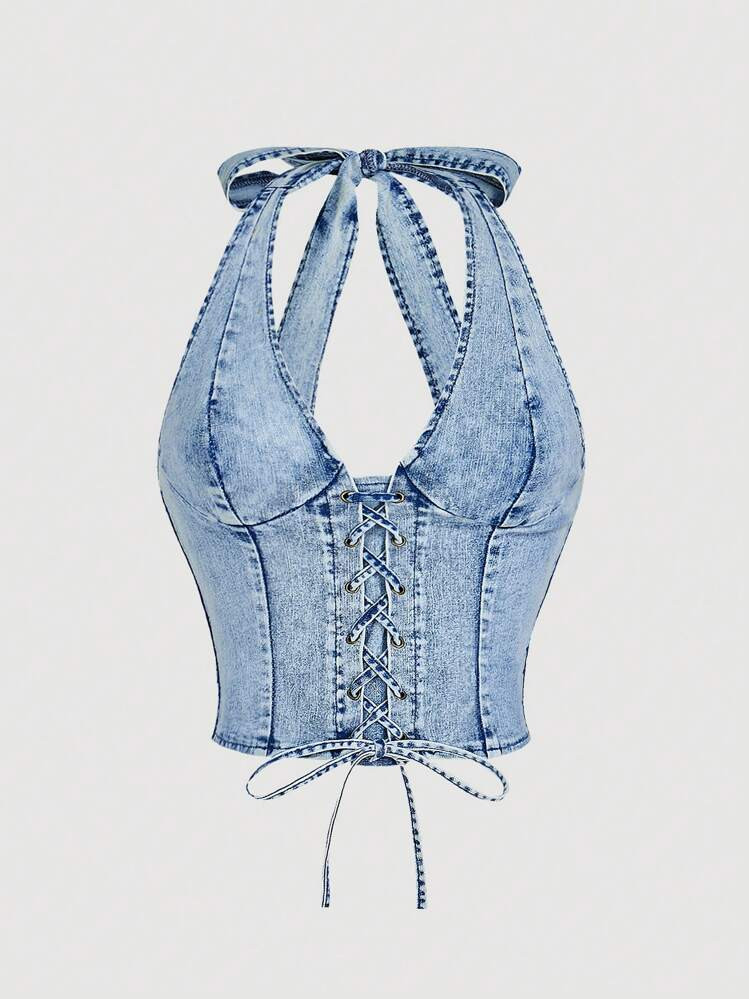 SHEIN MOD Women's Casual Halter Tie Denim Cropped Top, Blue, Vintage | SHEIN