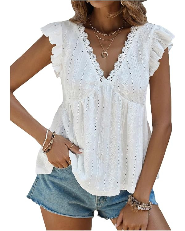 SweatyRocks Women's Lace Trimmed V Neck Ruffled Sleeve Flared Eyelet Tank Blouse Top | Amazon (US)
