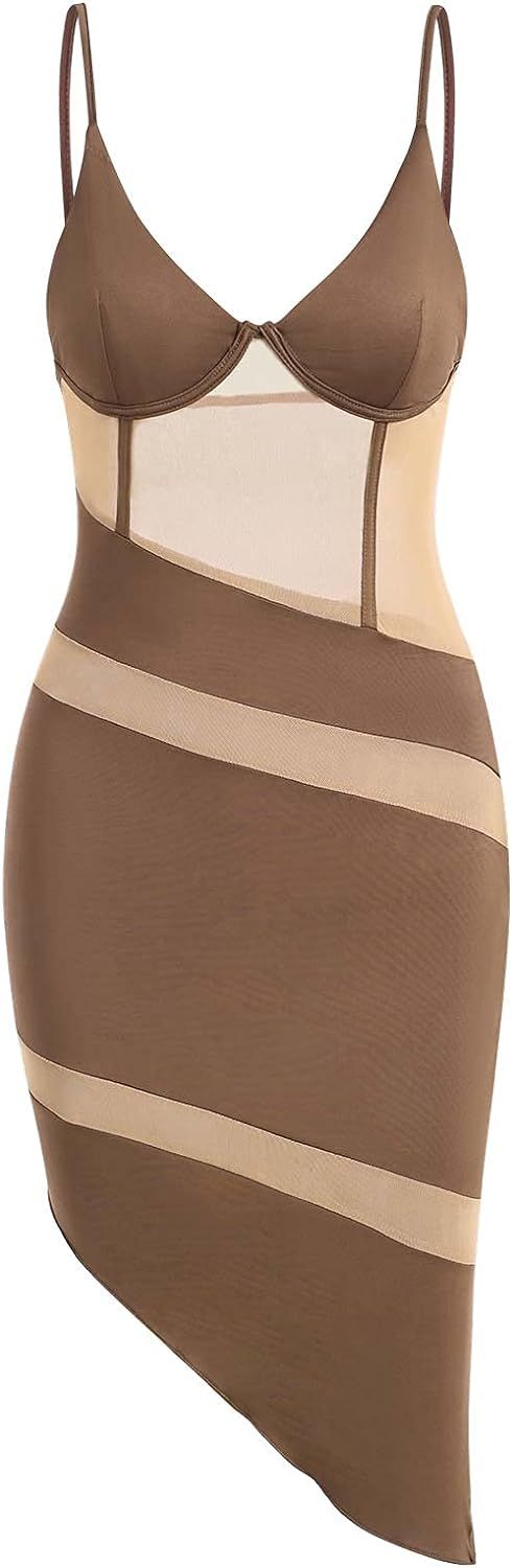 ZAFUL Women's Sleeveless Solid Bandage Sheer Mesh Wrap-tie Slinky Mini Dress | Amazon (US)