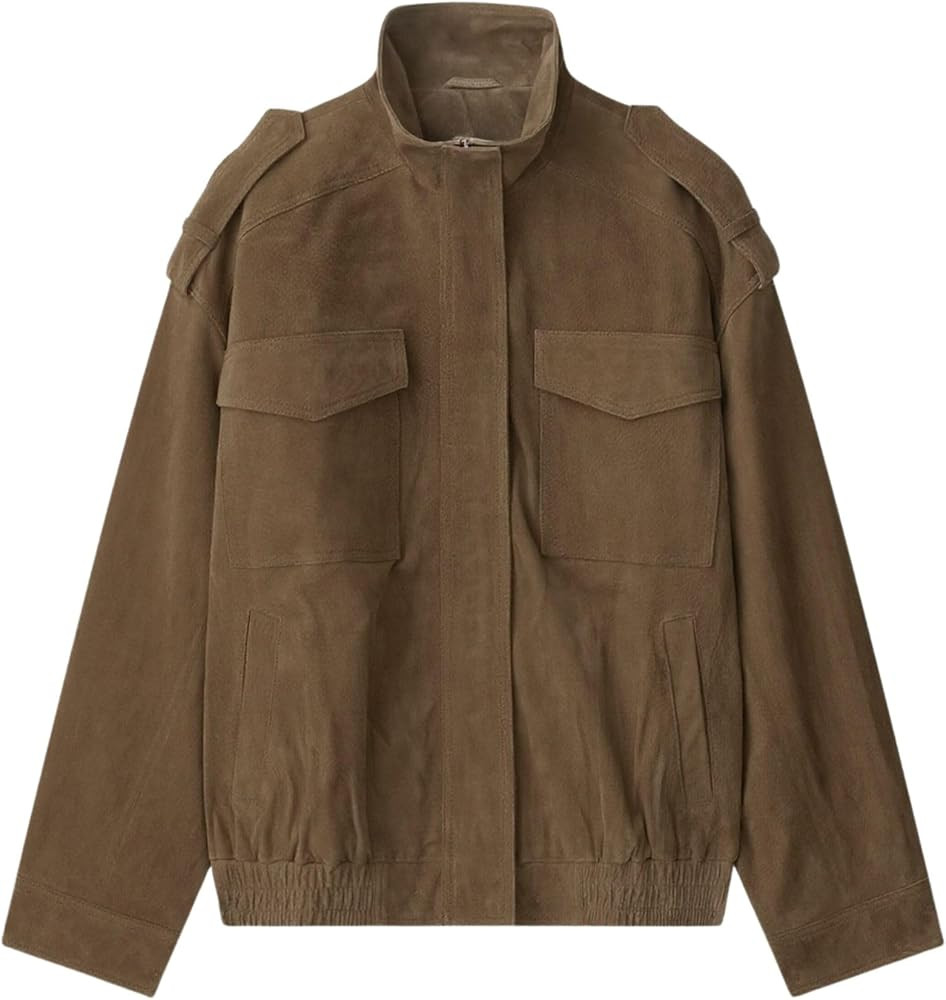 FindThy Women’s Suede Leather Jacket Vintage High Collar Long Sleeve Zip Up Oversized Outerwear... | Amazon (US)