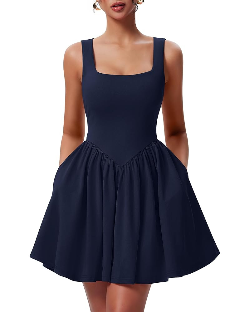 YMDUCH Women's Summer Sleeveless Square Neck A-line Ruffle Hem Mini Tank Dress with Pockets | Amazon (US)