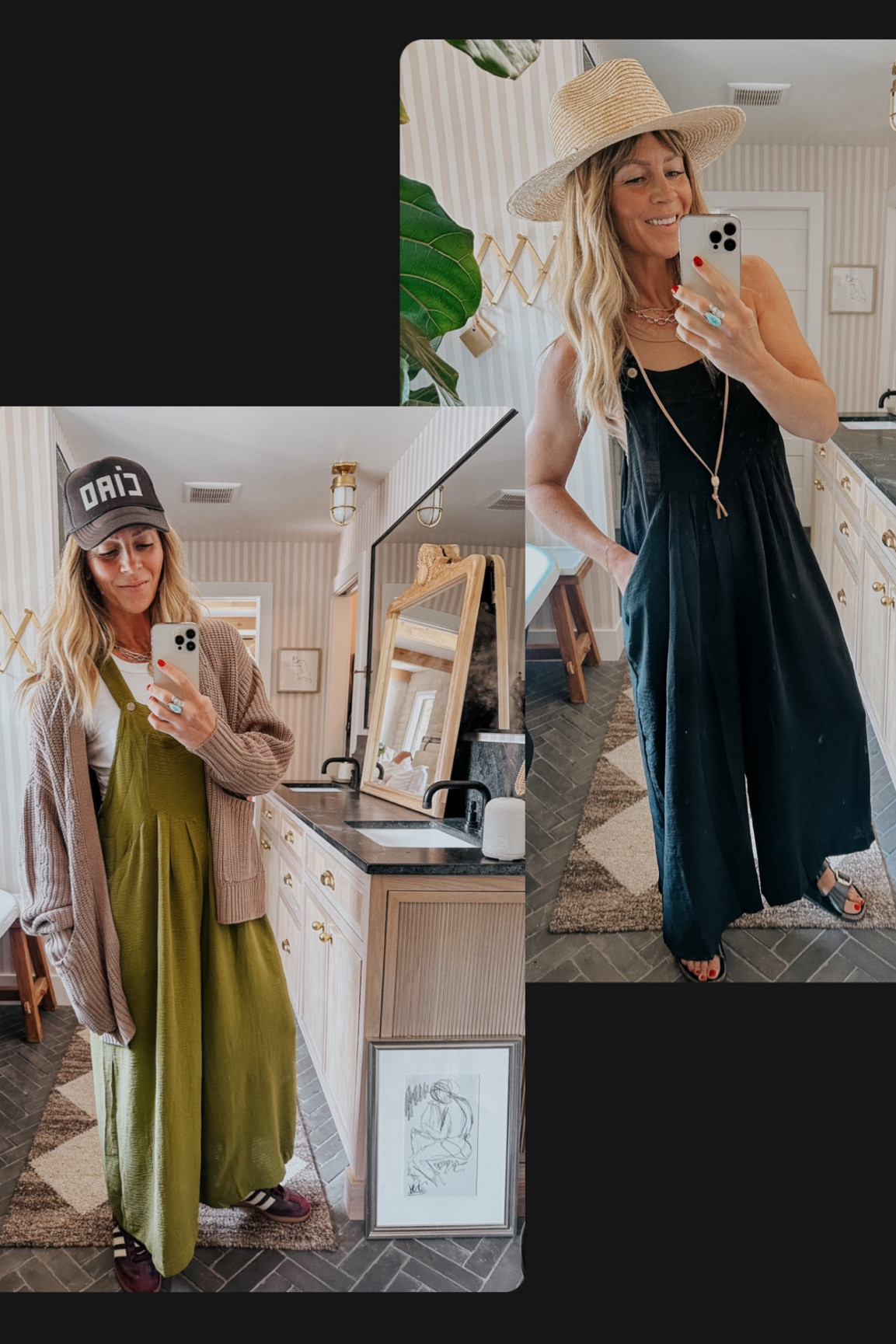 I’m 5’6” normally size 4/26
•overalls in medium
•tank in medium  
•cardigan in medium 