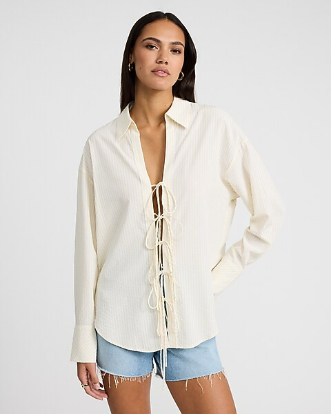 Striped Seersucker Tie Front Boyfriend Portofino Shirt | Express