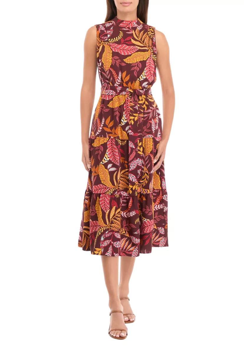 Petite Leaf Print Belted Sleeveless Dress | Belk