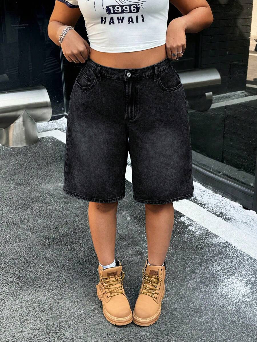 SHEIN ICON Summer Washed Inelastic Casual Straight Leg Denim Shorts | SHEIN