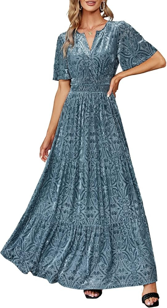 Amegoya Women's Velvet Short Sleeve V Neck Formal Wedding Guest Maxi Dresses Fall Evening Party L... | Amazon (US)
