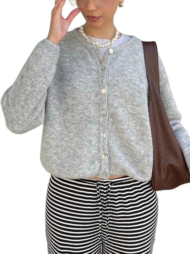 Women's Casual Cardigan Sweater Button Down Crewneck Soft Knit Lightweight Going Out Pullover Top... | Amazon (US)