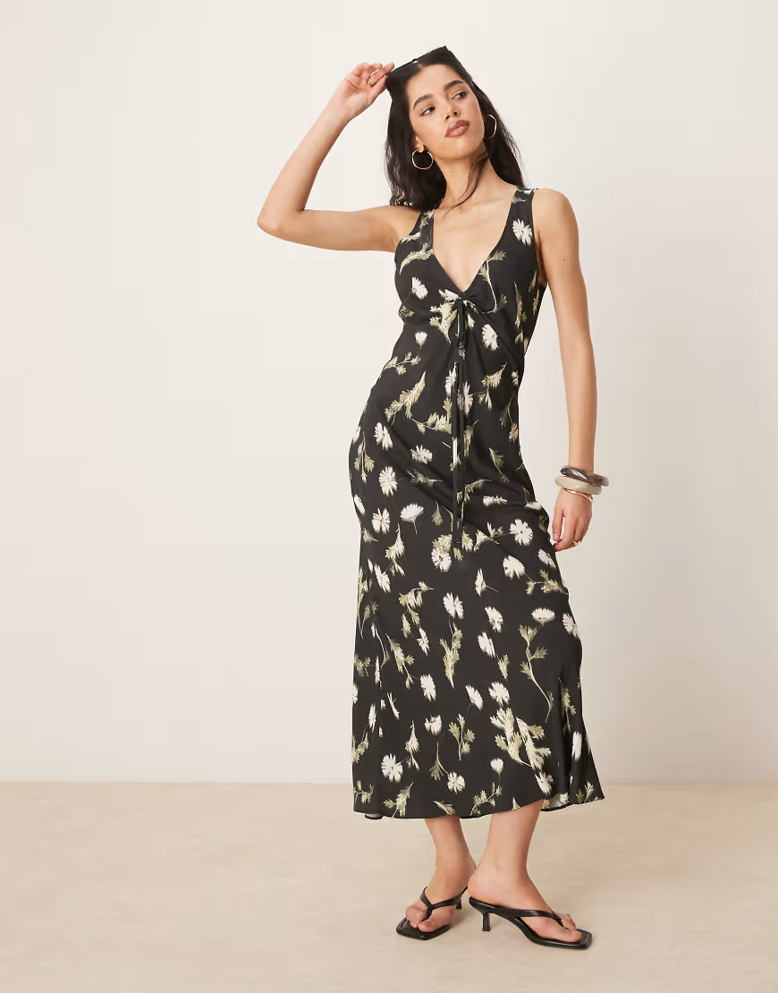 ASOS DESIGN v neck ruched tie midi dress in black based floral-Multi | ASOS (Global)