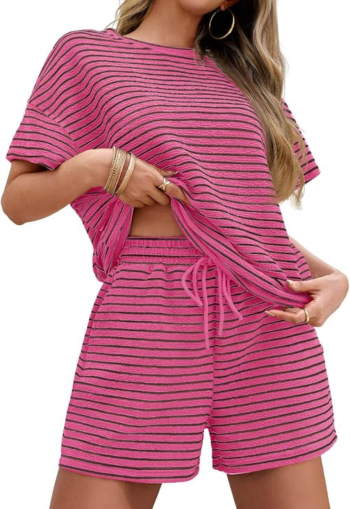 Tankaneo Womens 2 Piece Sets Summer Lounge Sets Striped Short Sleeve Oversized T Shirts Drawstrin... | Amazon (US)
