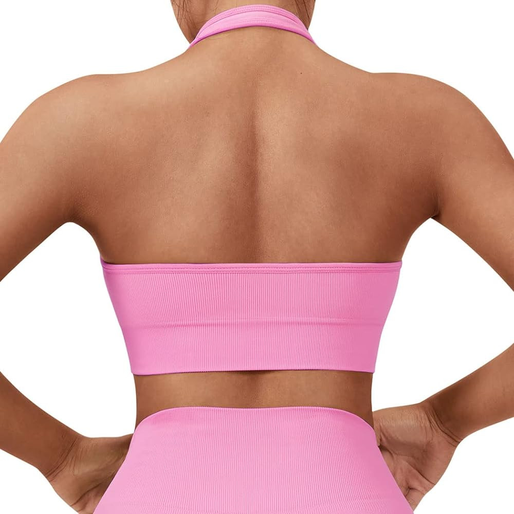 SUUKSESS Women Seamless Halter Sports Bra Open Back Padded Workout Crop Tank Tops | Amazon (US)