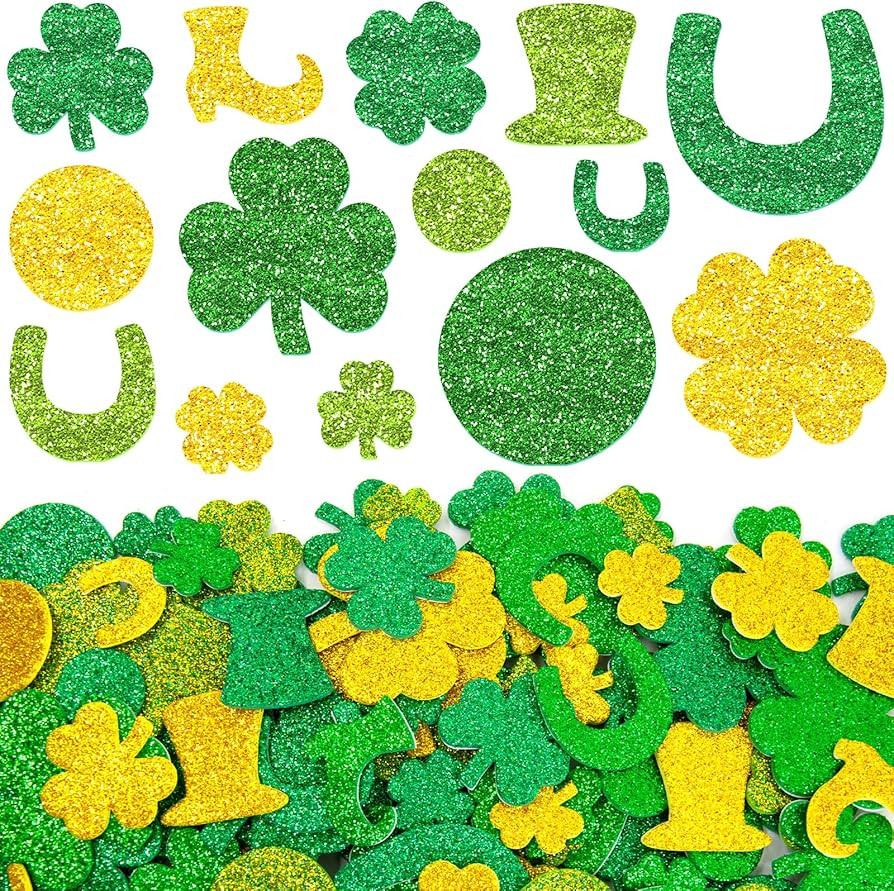 Fancy Land Glitter St Patrick’s Day Foam Stickers Shamrock Clover Shaped Green Gold Self Adhesi... | Amazon (US)