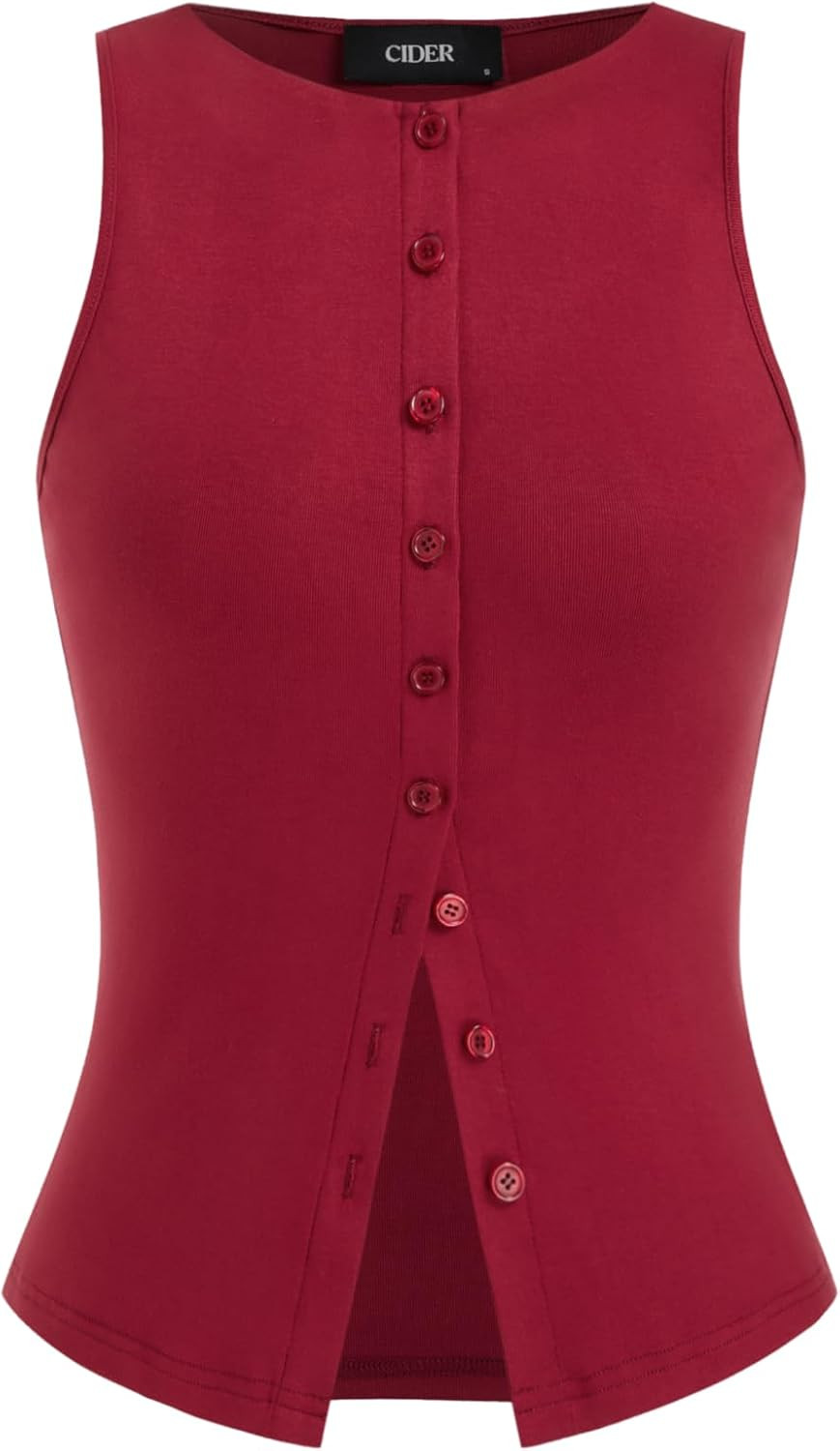 CIDER Women Button Down Tank Tops Sleeveless Ribbed Slim Fit Crop Vest Top Summer Going Out Tank Top | Amazon (US)