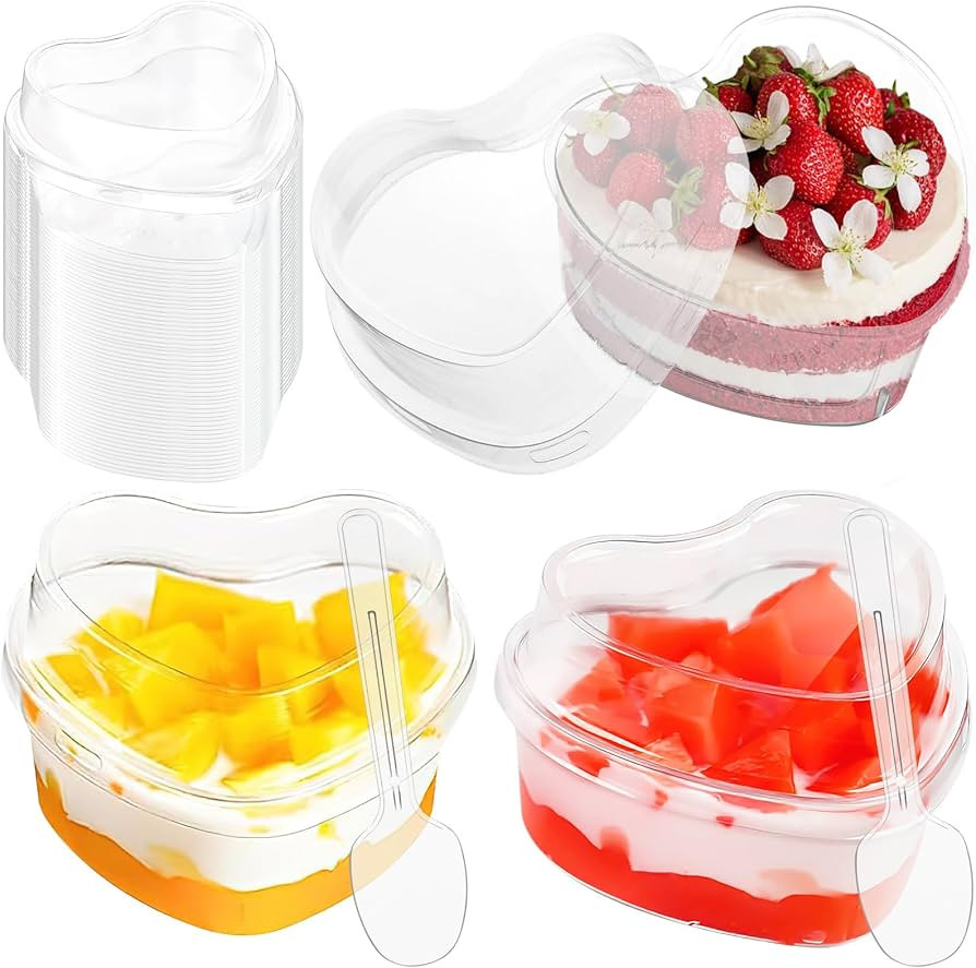 50 Pack Heart Shaped Dessert Cups with Lids and Spoons, Clear Plastic Appetizer Dessert Shooter C... | Amazon (US)