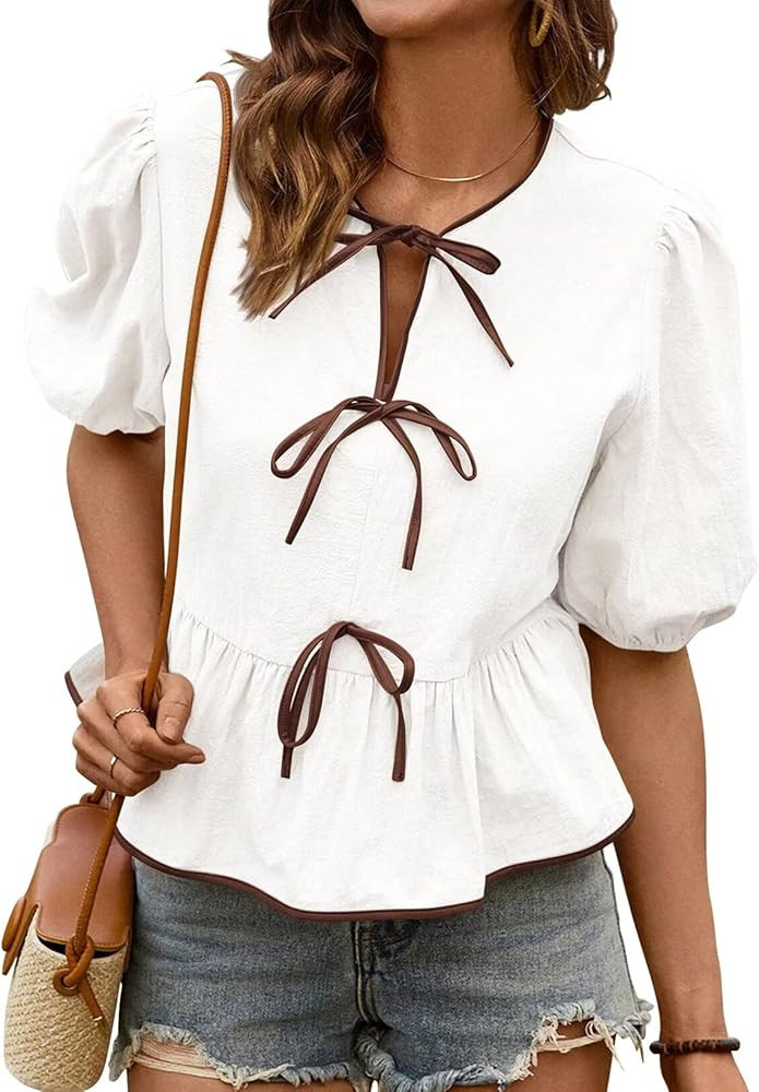 Womens Summer Tops Bowknot Puff Short Sleeve Blouses Dressy Casual Cute Babydoll Flowy Peplum Shi... | Amazon (US)