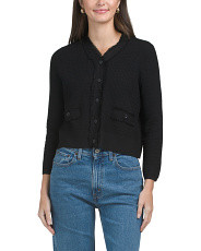 Frayed Waffle Knit Cropped Cardigan Sweater | TJ Maxx