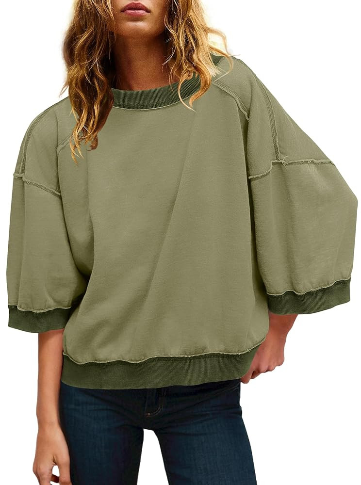 Panadila Womens Oversized Short Sleeve Sweatshirt Crewneck 3/4 Sleeve Tops Summer Cute Color Bloc... | Amazon (US)
