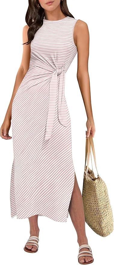 ANRABESS Womens Summer Casual Sleeveless T Shirt Midi Dress Slim Fit Tie Waist Split Tank Long Dr... | Amazon (US)