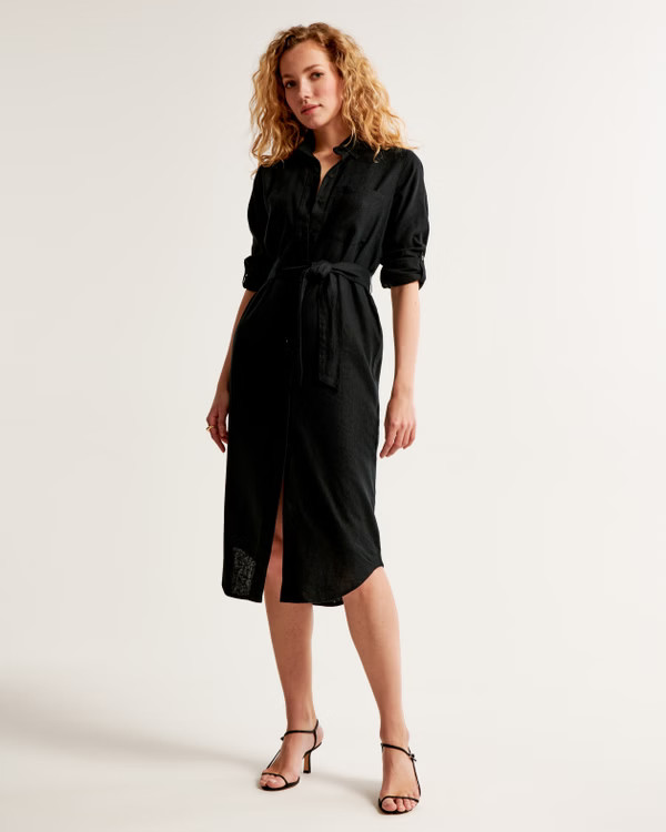 Seamed Linen-Blend Midi Dress | Abercrombie & Fitch (US)