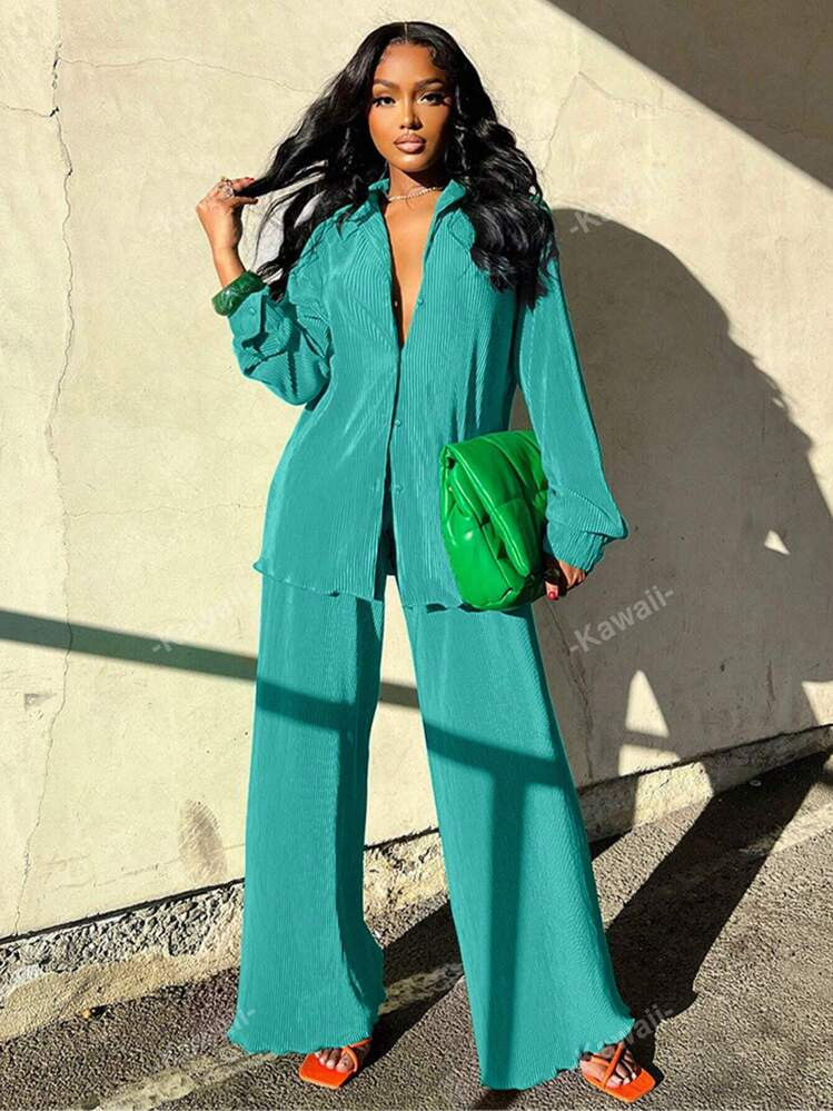 TrendsFashionable Casual Pleated Top And Wide-Leg Pants Women's Two-Piece Set For Comfortable Out... | SHEIN