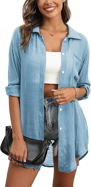 Women's Beach Cover Up Button Down Shirt Long Sleeve Bathing Suit Coverups for Women | Amazon (US)