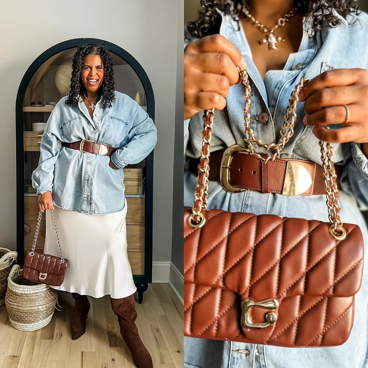 This wide elastic belt and satin skirt are perfect for a chic look, paired with this oversized denim shirt- perfect! This look for less bag is also a win! Wearing size xxl in skirt and shirt.

#LTKPlusSize #LTKHoliday #LTKSeasonal