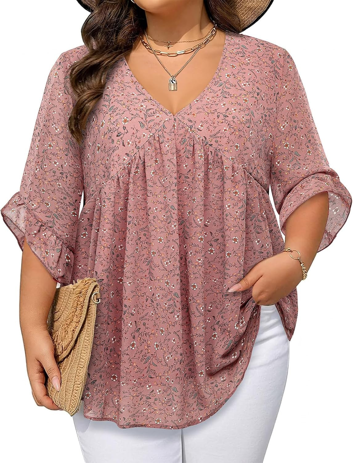 Siddhe Womens Plus Size Tops 3/4 Ruffle Sleeve Blouses V Neck Chiffon Shirts Babydoll Dressy Casual Tunic Top XL-5XL | Amazon (US)