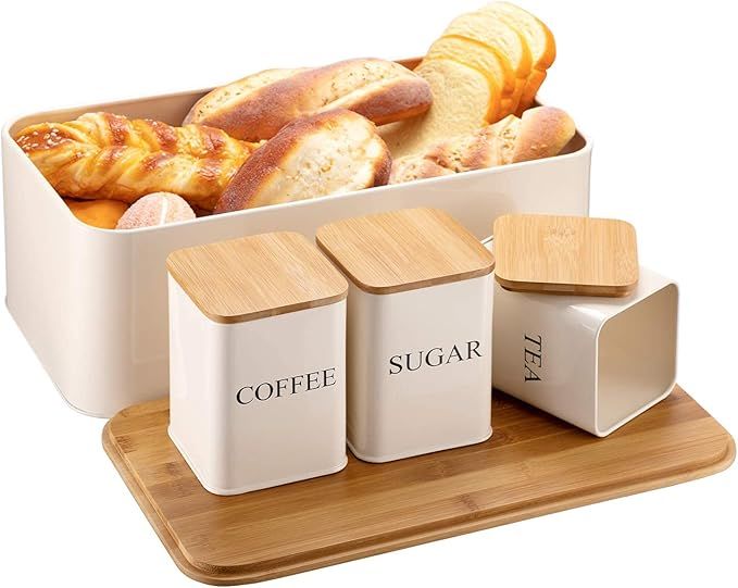 HollyHOME Large Bread Box and 3-Piece With Sugar Tea Coffee Containers Sets for Kitchen Table Sto... | Amazon (US)