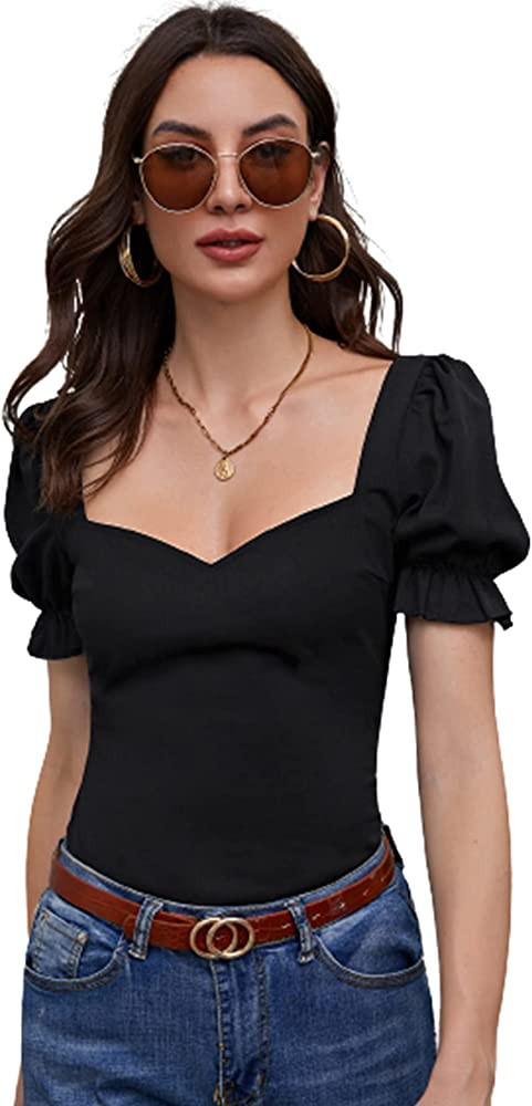 WDIRARA Women's V Neck Puff Short Sleeve Backless Blouse Casual Slim Fit Top | Amazon (US)