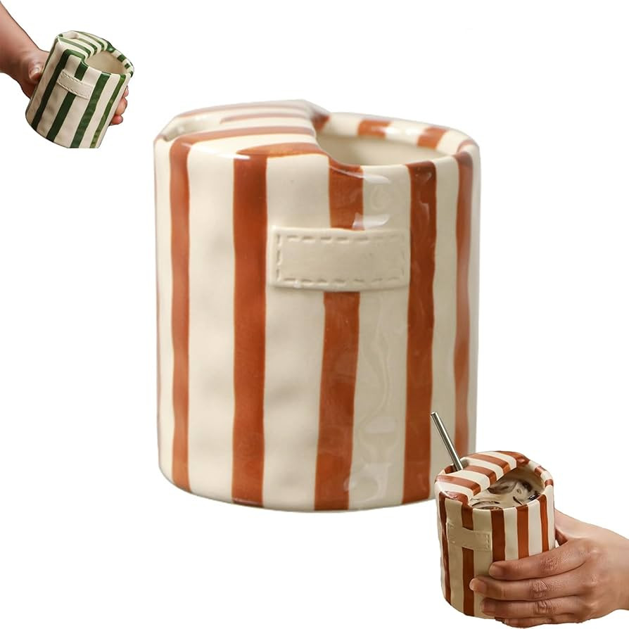 Hand-Painted Striped Ceramic Coffee Mug 10oz, Retro Art Porcelain Cup for Coffee, Tea, Heat-Resis... | Amazon (US)