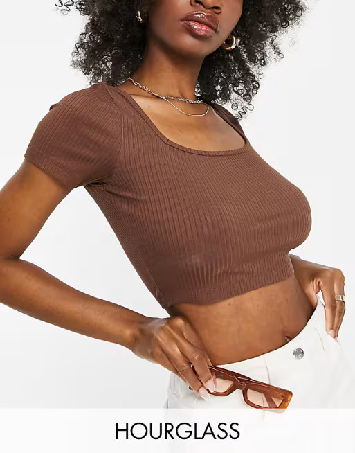 ASOS DESIGN Hourglass square neck top in rib in brown | ASOS (Global)