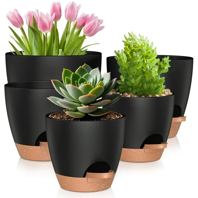 5 Pack Self Watering Plant Pots, Plastic Planters with Drainage Holes and Saucers, Flower Pots fo... | Walmart (US)