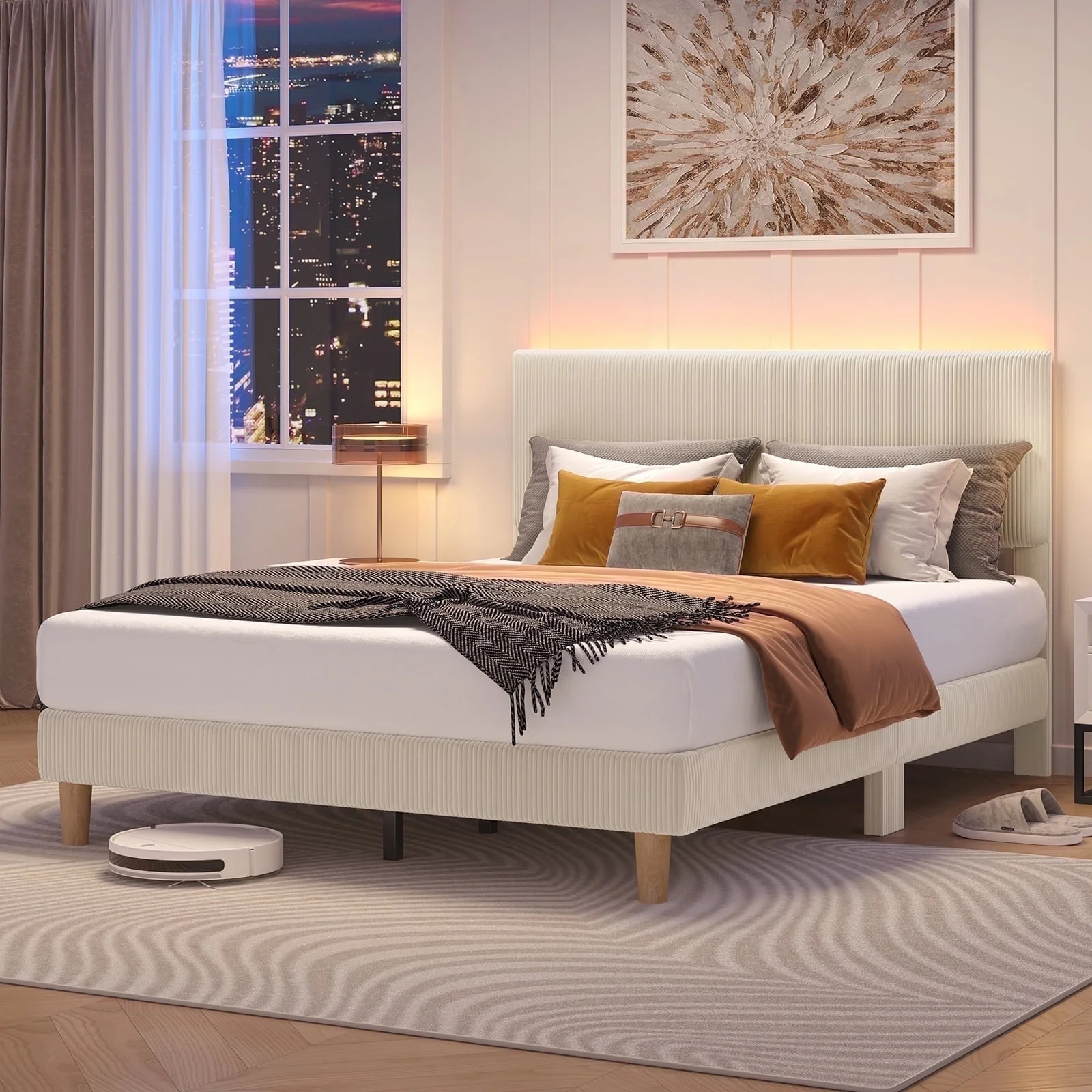 Bestier Corduroy Upholstered Queen Bed Frame with Adjustable Headboard, Platform Bed Frame with L... | Walmart (US)