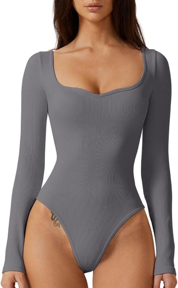 Meyeeka Women's Sweetheart Neck Bodysuit Long Sleeve Seamless Shirt Basic Stretch Tops | Amazon (US)