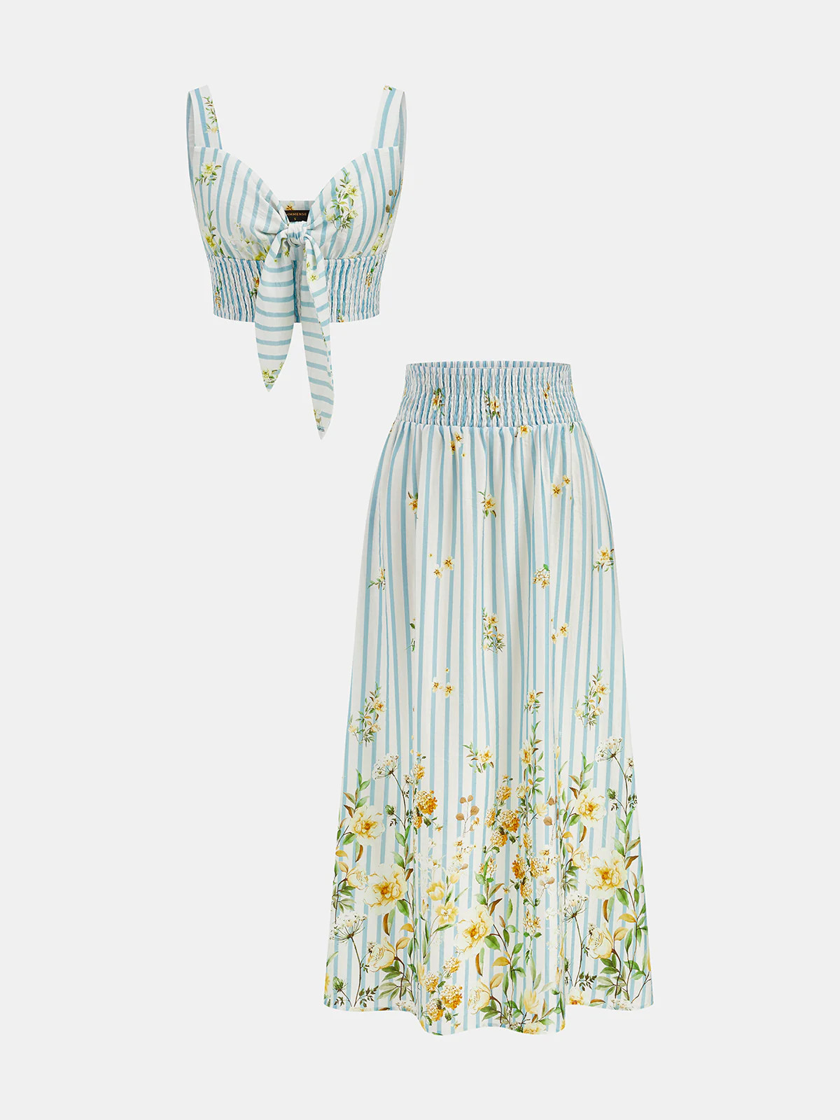 Floral Print Striped Smocked Top & Skirt Set | Commense
