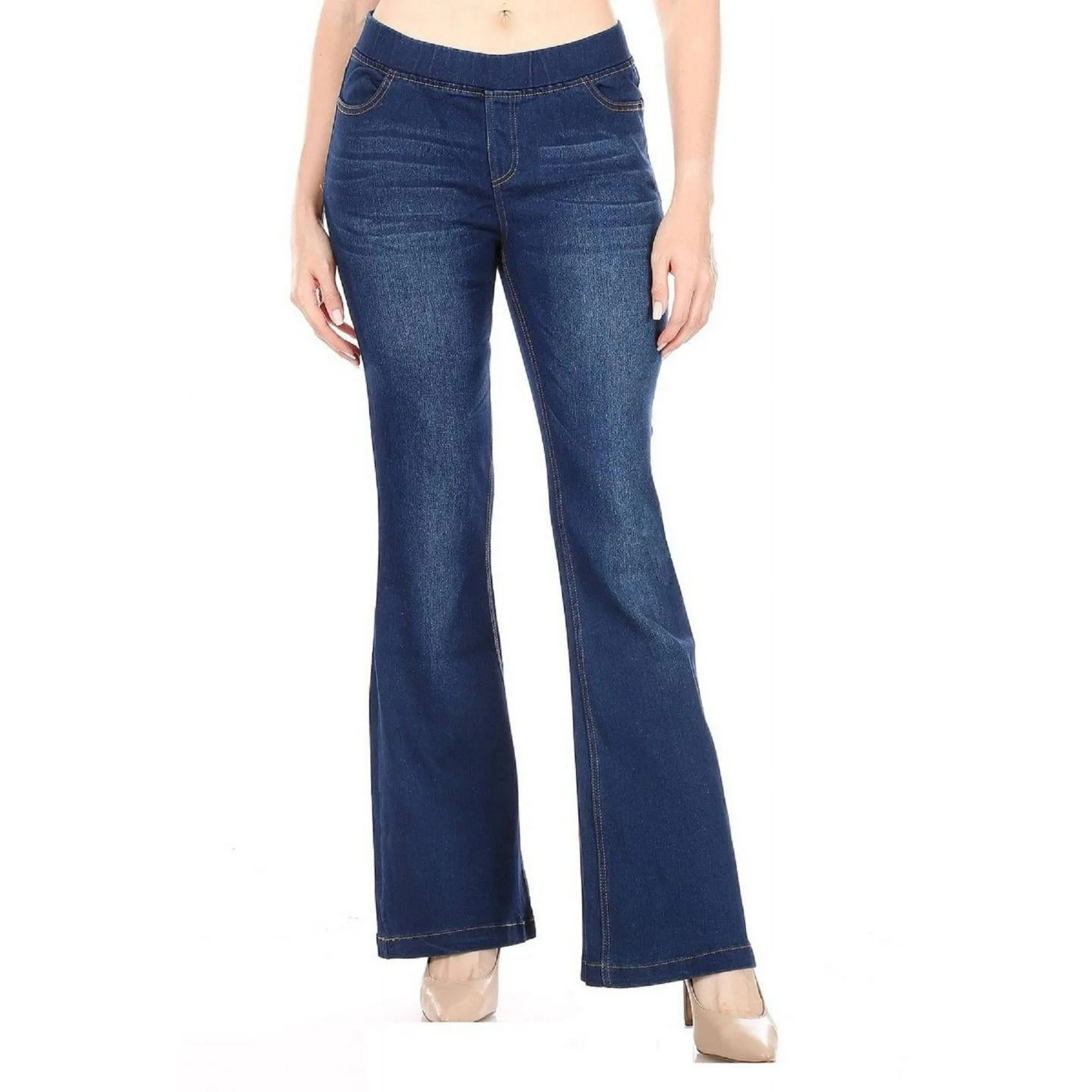 Jvini Women's Flare Jeans Pull-On Slimming High Waisted Flared Denim Jeggings Dark Wash | Walmart (US)