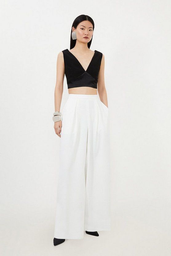 Tailored Premium Crepe Pleat Detail Wide Leg Trousers | Karen Millen UK + IE + DE + NL